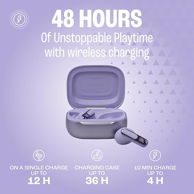 JBL Live Beam 3 - True wireless noise-cancelling stick-closed earbuds 48Hrs total playback Wireless Charging 6 Mics for perfect calls Multi-point connection IP55 waterproof and dustproof (Purple)