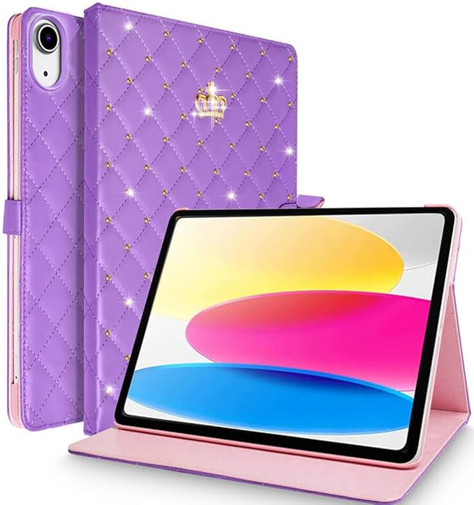 for iPad (A16) 11th Generation 11 Inch 2025/iPad 10th Generation 10.9 2022 CaseGirly Crown Rhinestone Cute Elegant PU Leather Auto Sleep/Wake Stand Shockproof Case for iPad 11th/10thPurple