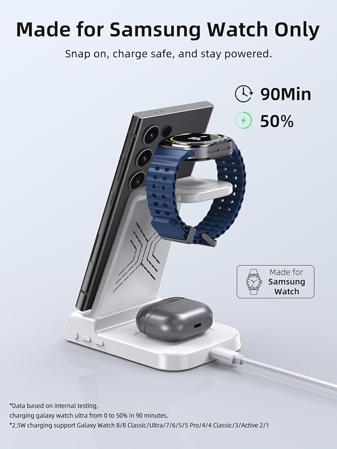 Wireless Charger Samsung Charging Station: 3 in 1 Android Charging Stand with Dimmable Clock - Nightstand Organizer for Galaxy S25 Ultra S24 Galaxy Watch 8 7 6 5 4 Galaxy Buds Space-Saving Charger