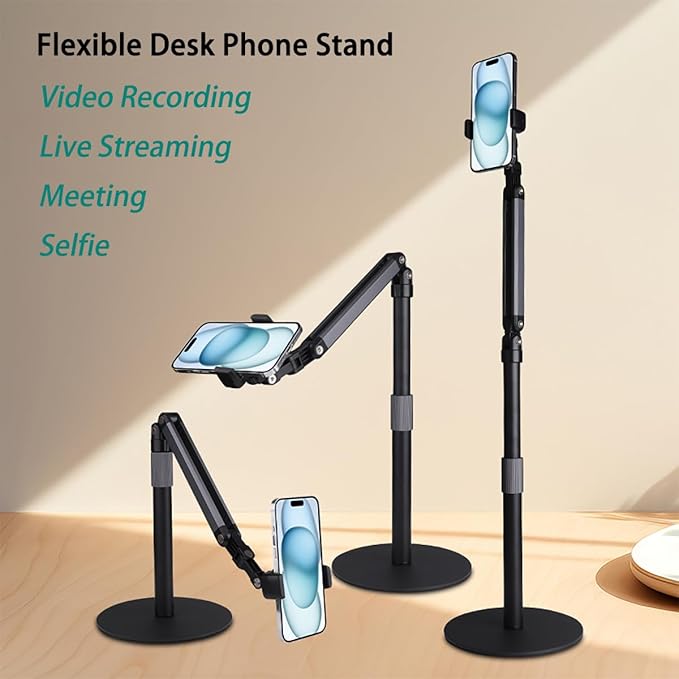 Heavy Duty Overhead Phone Stand for Desk Video Recording for iPhone Holder with Extension Arm 360° Swivel for Filming Meeting Cooking Painting and Crafting