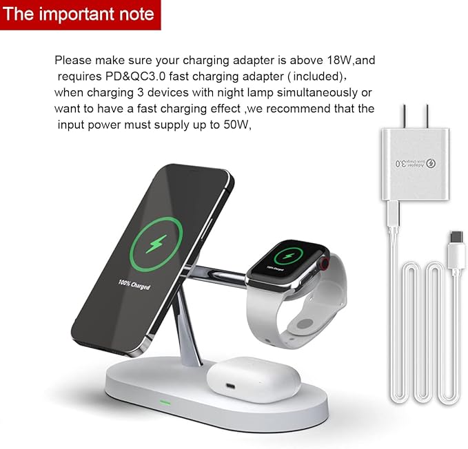 5 in 1 Magnetic Wireless Charging Stand 15W Fast Mag-Safe Charging Station with Neutral Light Design for iPhone 17/16/15/14/13/12 Series iWatch 7/SE/6/5/4/3/2 Airpods 3/2/Pro (White)