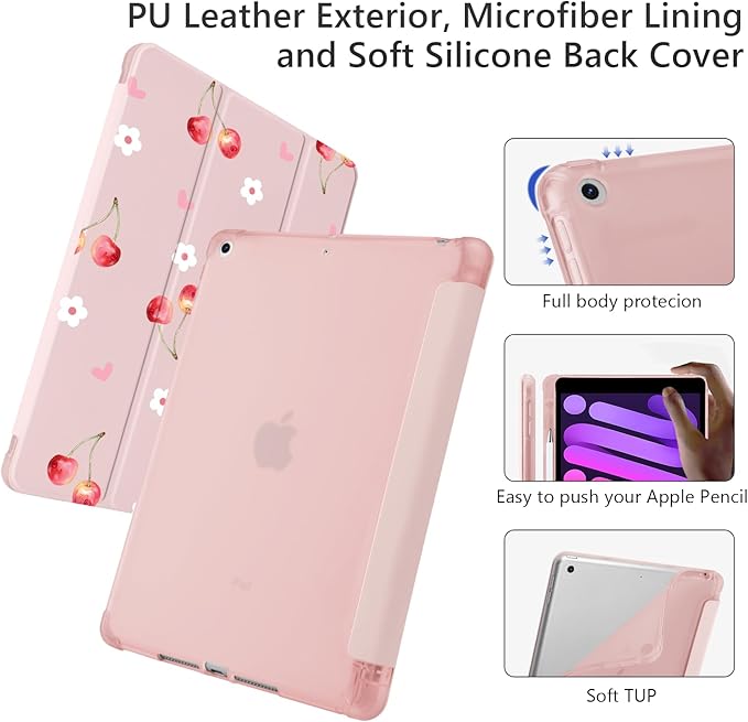 Cute Cherry Floral Heart for iPad Air5/Air4 Case with Pencil Holder Auto Sleep/Wake Pink Leather Soft TPU Back Cover for iPad 10.9 Inch 2022/2020