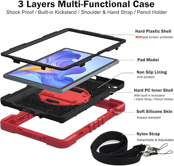 Tablet Case for Honor Pad X8 AGM3-W09HN 10.1 inch Tablet Shockproof Cover with 360° Rotating Stand and Wrist Strap Shoulder Strap Large Red+Black