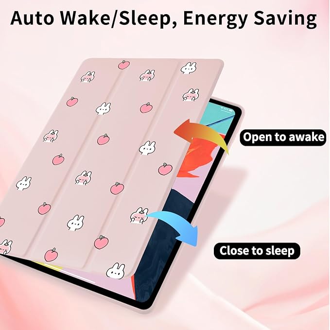 Cute Peach Bunny Case for iPad Pro 13 Inch M4(2024) 7th Genaration with Pencil Holder Trifold Stand Pink Leather Girly Cover Clear Back Shell Auto Wake/Sleep