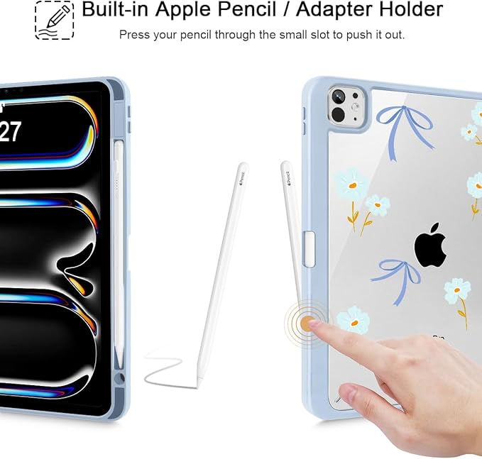 Mektron Case for M5/ M4 iPad Pro 11 inch 2025/2024 with Pencil Holder Compatible Models: A3357/A3358/A3359/A2836/A2837/A3006 Shockproof Cover Clear Shell Blue Bows &amp Flowers