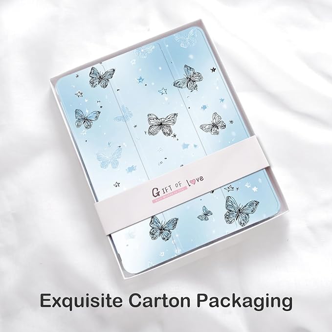 Cute Y2K Butterfly for iPad Pro 11 Inch Case (M5/M4) 2025/2024 with Pencil Holder Auto Sleep/Wake Blue Leather Soft TPU Back Cover