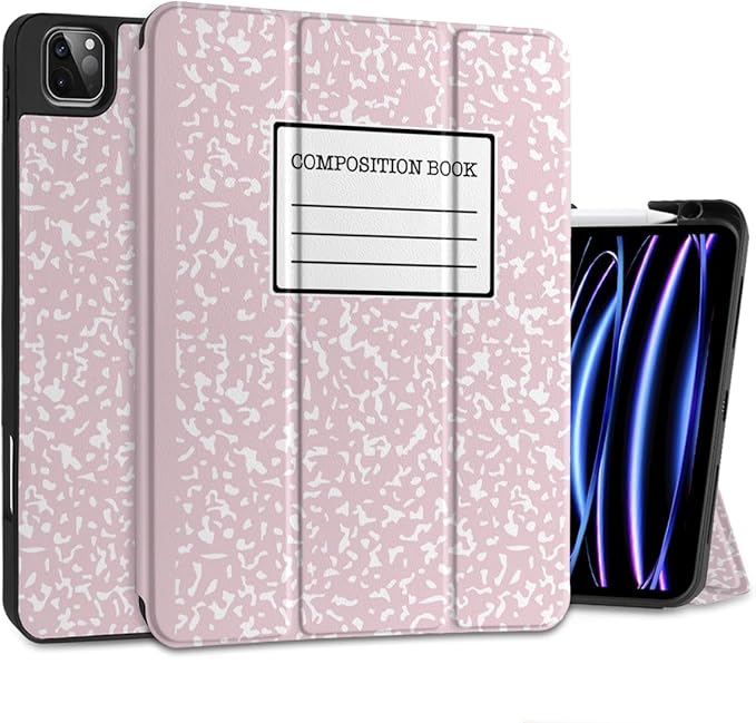 MEEgoodo for iPad Pro 12.9 Case M2 6th/5th/4th/3rd Generation 2022 2021 2020 2018 with Pencil Holder Tablet Cover with Soft TPU Back Shell Pink Composition Book