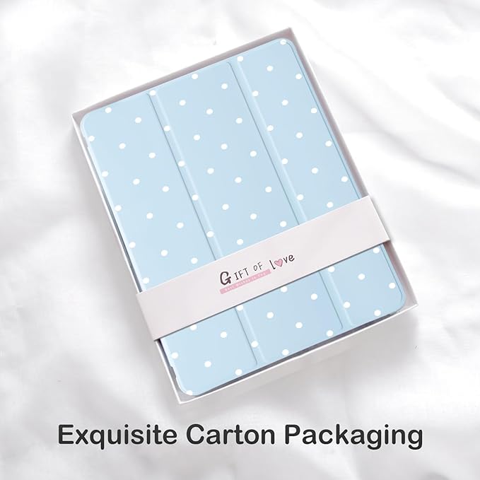 Cute White Polka Dot for iPad Pro 12.9 Inch Case 5th/6th Generation 2022/2021/2020 with Pencil Holder Auto Sleep/Wake Blue Leather Soft TPU Back Cover