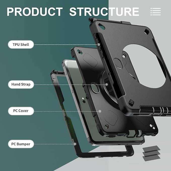 Junfire Shockproof Case for Samsung Galaxy Tab Active5 Pro 2025/ Active4 Pro 2022 Heavy Duty Rugged Case with Screen Protector/Hand Strap/360°Rotating Stand/Shoulder Belt/Pencil Holder Black