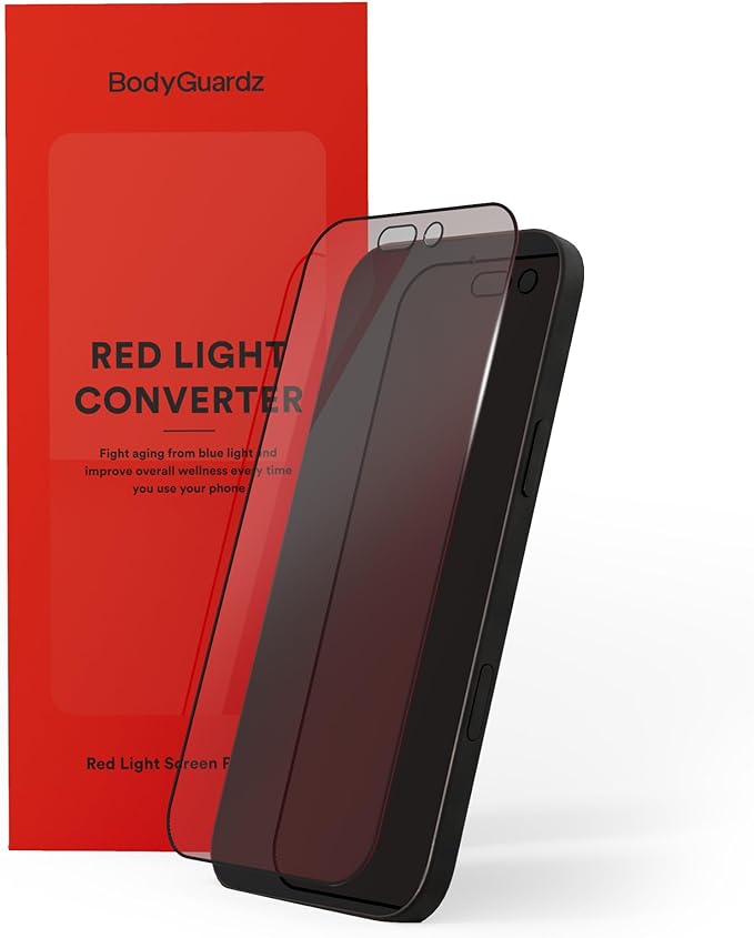 BodyGuardz Red Light Converter Screen Protector – Passive Red Light Therapy for Face - Promotes Better Sleep Healthier Skin Reduced Eye Strain – 9H Tempered Glass Easy Install (iPhone 16 Plus/15 Pl