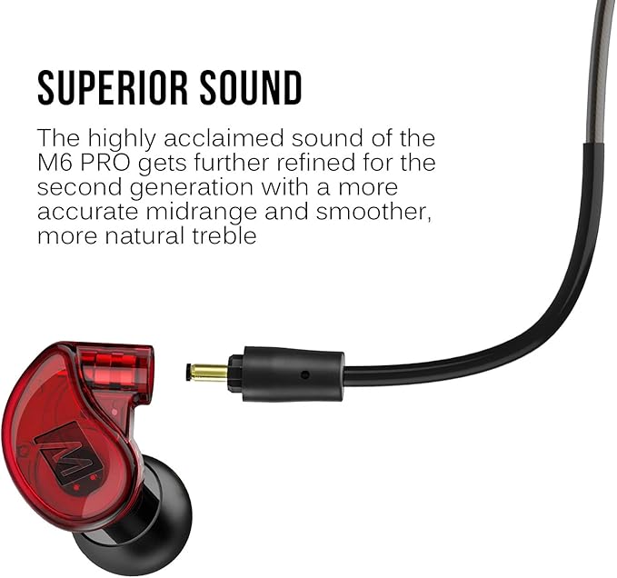 MEE audio M6 PRO In Ear Monitor Headphones for Musicians 2nd Gen Model With Upgraded Sound Memory Wire Earhooks &amp Replaceable Cables Noise Isolating Professional Earbuds 2 Cords Included (Red)