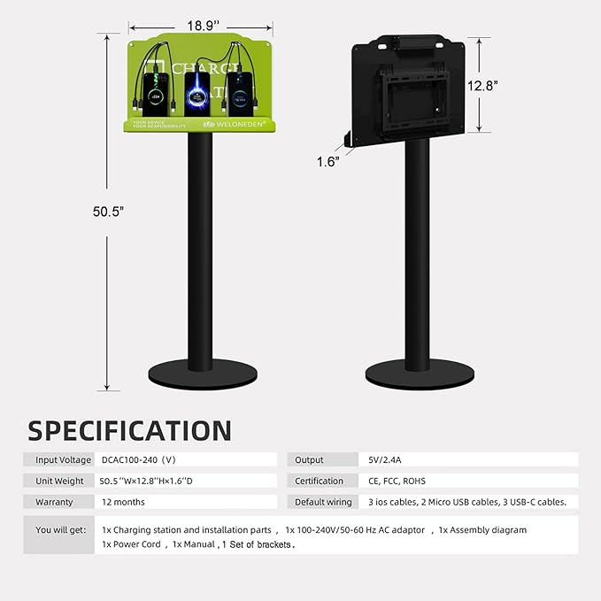 Floor Stand Cell Phone Charging Station Mobile Phone Charging Station | Fast Charging 8 Device | Compatible with Apple Tablets Android Port | Great for Offices Hotel Hospital Airport (Green)