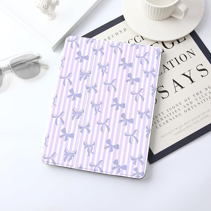 JOYLAND White Pad Case for iPad 5th/6th Generation 9.7 inchwith Pencil Holder-Auto Wake/SleepStripes&ampPurple Bow Pattern Anti-Scratch Shockproof Premium Folio Stand Case for iPad Air 2
