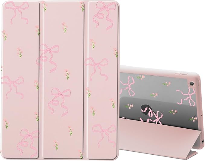 Pink Ribbon Bow Case for iPad A16 11th Generation 2025 11 / iPad 10th Generation 2022 10.9 with Pencil Holder Flower Girly Pink Leather Clear Back Shell Foldable Protective Cover