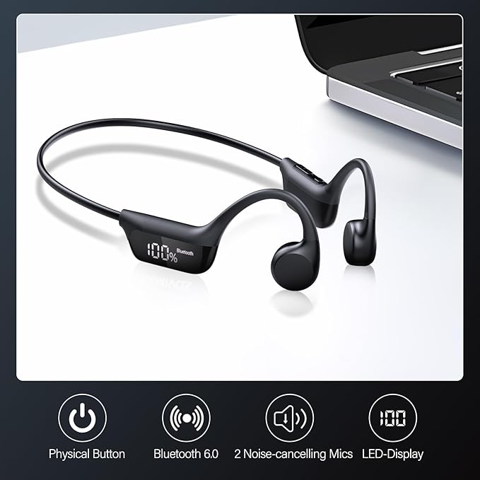 Bone Conduction Headphones Bluetooth 6.0 Earbuds Open Ear Headphones with Dual Driver Sound LED Display IP67 for Sport / running Dual Device Connection &amp Low-Latency Game Mode12 Hours Playtim