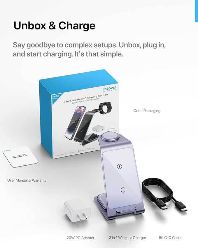 Intoval Aluminum 3 in 1 Wireless Charging Station for iPhone 17 16 15 14 13 12 11 Pro Max XR Wireless Charger for Apple Watch 11 10 9 8 7 Ultra SE 3 2 Phone Charger for AirPods 4 Pro 2 3 (Lavender)