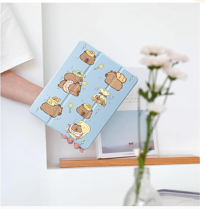Cute Kawaii Capybara for iPad mini 7 A17 Pro 2024/iPad Mini 6 Case with Pencil Holder Auto Sleep/Wake Blue Leather Clear Acrylic Back Cover