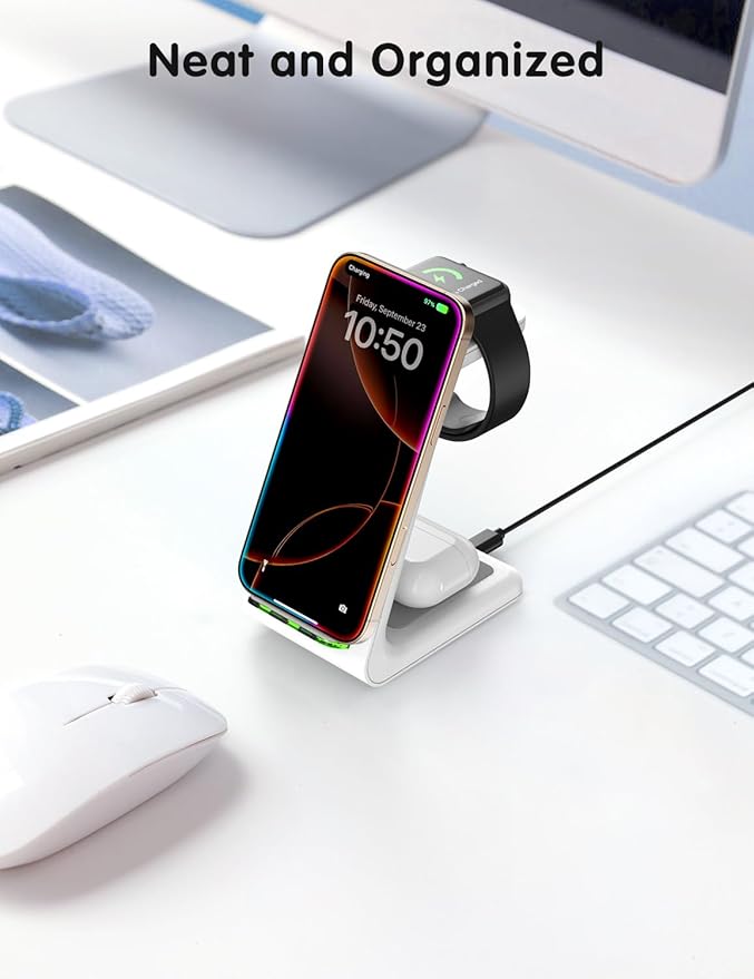 Charging Station for iPhone and Apple Watch: 3 in 1 Wireless Phone Charger Stand for iPhone 17 16 15 14 13 12 11 Pro Max &amp AirPods Bedside Nightstand Docking