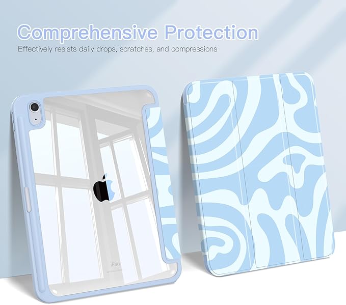 Teryeefi for 2025 iPad 11 inch A16 Case Cute Tablet Cover for iPad 10th/11 Generation Protective Shell with Pencil Holder Soft TPU+Crystal Hard Back Cover (Blue Wave)