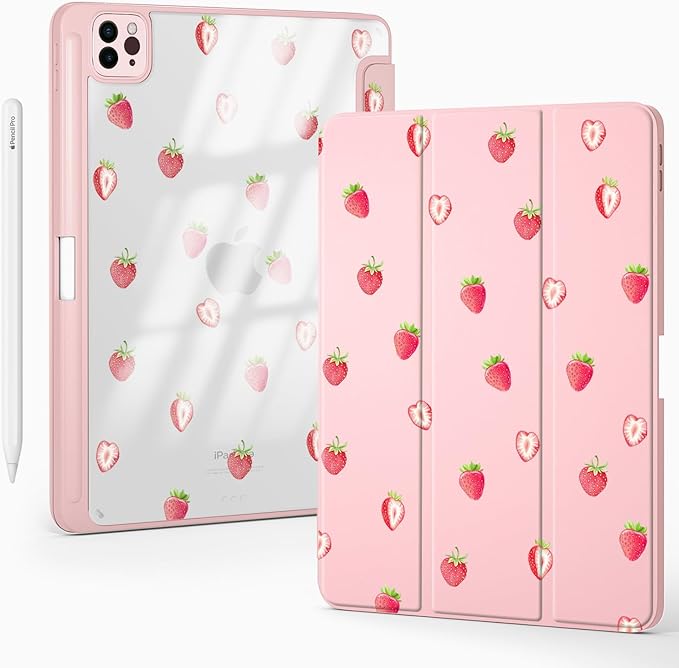 Cute Kawaii Strawberry for iPad 7th/8th/9th Generation Case 10.2 Inch 2019/2020/2021 with Pencil Holder Auto Sleep/Wake Pink Leather Acrylic Back Cover