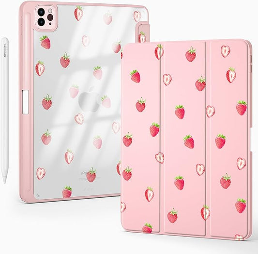 Cute Kawaii Strawberry for iPad 7th/8th/9th Generation Case 10.2 Inch 2019/2020/2021 with Pencil Holder Auto Sleep/Wake Pink Leather Acrylic Back Cover