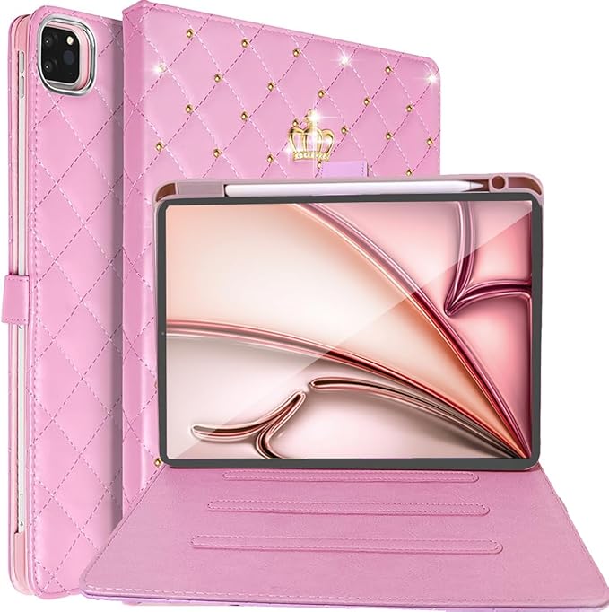 for iPad Air 11 Inch Case M4 (2026)/M3 (2025)/M2 (2024) iPad Air 5th/4th Gen 10.9 (2022/2020) with Pencil Holder Girly Cute Crown Diamond Elegant Auto Sleep/Wake Stand Protective CasePink