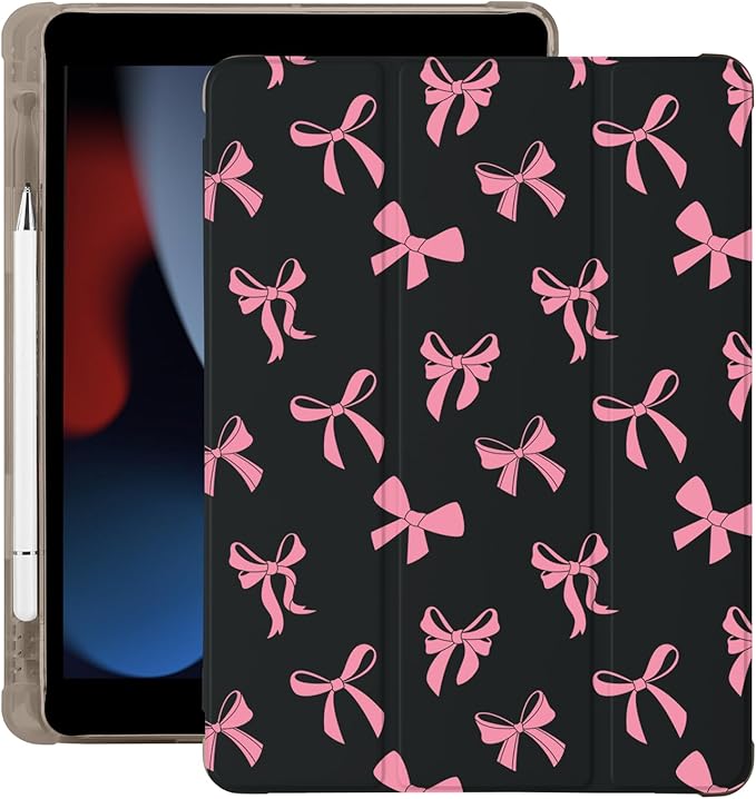 Cute Kawaii Bow for iPad Air 13 Inch Case M3 2025/M2 2024 with Pencil Holder Auto Sleep/Wake Black Leather Soft TPU Back Cover