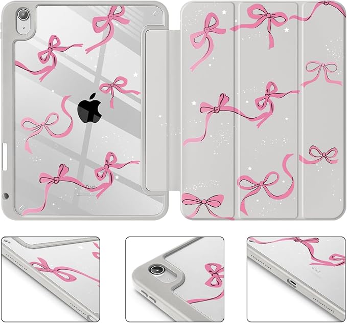 May Chen Case for iPad Air 13 Inch M4 2026 M3 2025 M2 2024 [Built-in Pencil Holder] Shockproof Cover with Clear Transparent Back Shell Auto Sleep/Wake Cover Khaki Bows