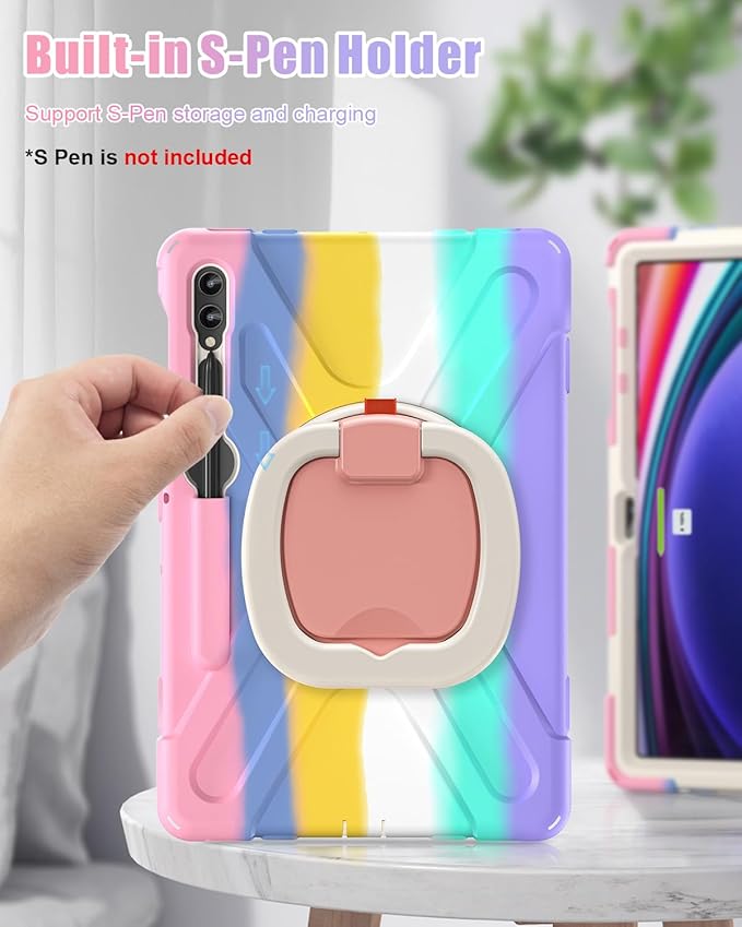 BRAECN Case for Samsung Galaxy Tab S10+/S9 FE+/S9+ 12.4 Inch 2024 Rugged Silicone Case w/S Pen Holder Screen Protector Handle Grip/KickstandShoulder Strap for Galaxy Tab S10 Plus Colorful Pink