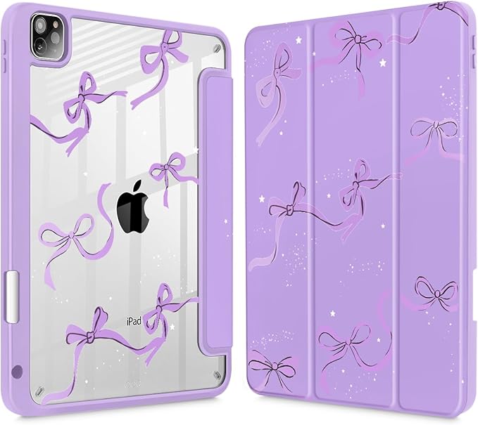 May Chen for iPad Pro 11 inch M2 4th Generation 2022 iPad Pro 11 3rd/2nd/1st Gen Case with Transparent Shockproof Back Cover [Built-in Pencil Holder Auto Sleep/Wake Bows Purple