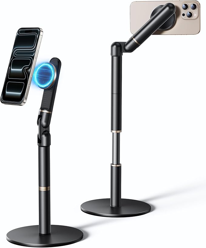 Angle Height Adjustable Magnetic Phone Stand for Desk [10-25] - Retractable Cell Phone Holder for Video Recording Cooking Excising Working -Aluminum iPhone 17 16 15 14 Pro Max Air Stand