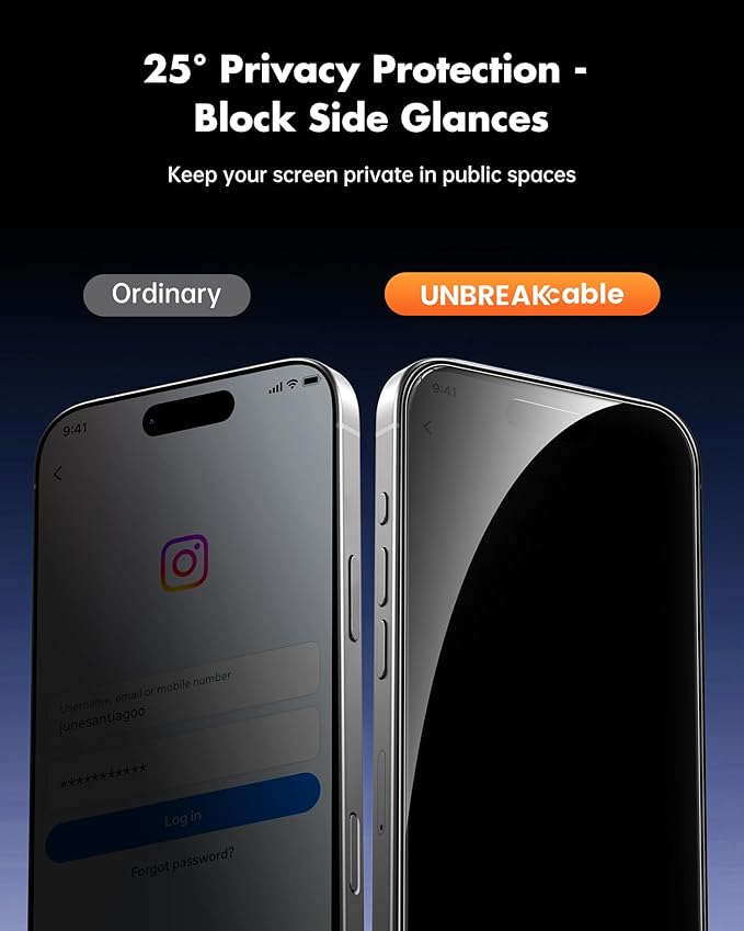 UNBREAKcable Privacy Screen Protector for iPhone 16 Pro (6.3-Inch) 2-Pack + 2 Lens Protectors｜25° Anti-Spy｜9H Hardness｜Anti-Fingerprint｜HD Clarity Tempered Glass