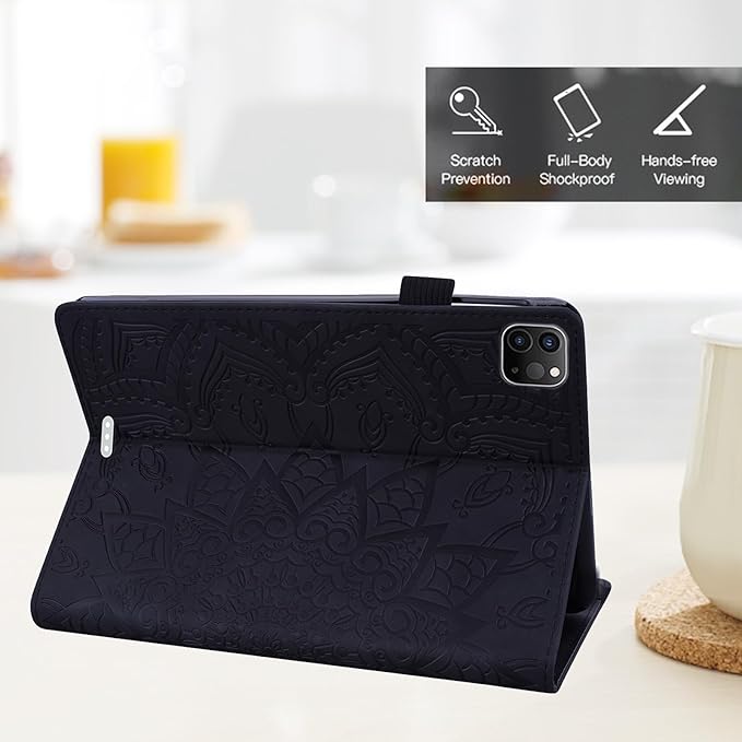 Folio Case for iPad Pro 11 2018-2022 iPad Air 11 2025/2024/Air 10.9 - Techcircle Stand Mandala Embossed PU Leather Soft TPU Cover with Elastic Strap Card Slots Pencil Holder - Black