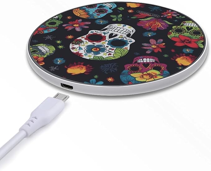 Flower Cactus Sugar Skull Wireless Charger Fast Wireless Charging Pad with USB Cable 10W Anti-Slip Magnetic Wireless Charger Portable Slim Charger Puck Travel Charging Station