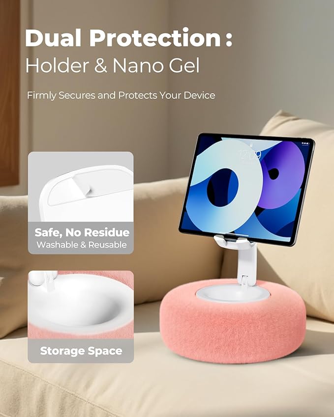 Phone Stand with Pillow Adjustable iPhone Stand with Anti-Slip Strips Fuzzy Tablet Holder– Compatible with 4-7 Devices Including iPhone iPad Kindle and Android (Pink)