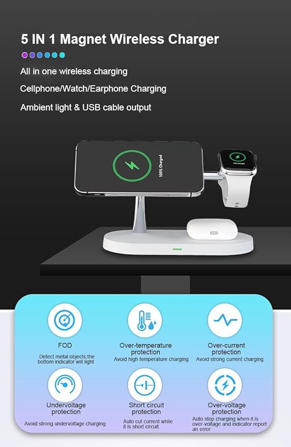 5 in 1 Magnetic Wireless Charging Stand 15W Fast Mag-Safe Charging Station with Neutral Light Design for iPhone 17/16/15/14/13/12 Series iWatch 7/SE/6/5/4/3/2 Airpods 3/2/Pro (White)