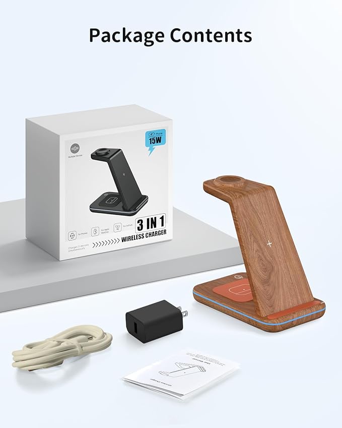 JoyGeek 3 in 1 Charging Station for Apple Devices Wireless Charger Stand for iPhone 17/16/15/14/13/12/11/SE/X Pro Max Plus - Apple Watch 11/10/9/Ultra 2/8/SE/7/6/5 - AirPods Pro 2/3/2