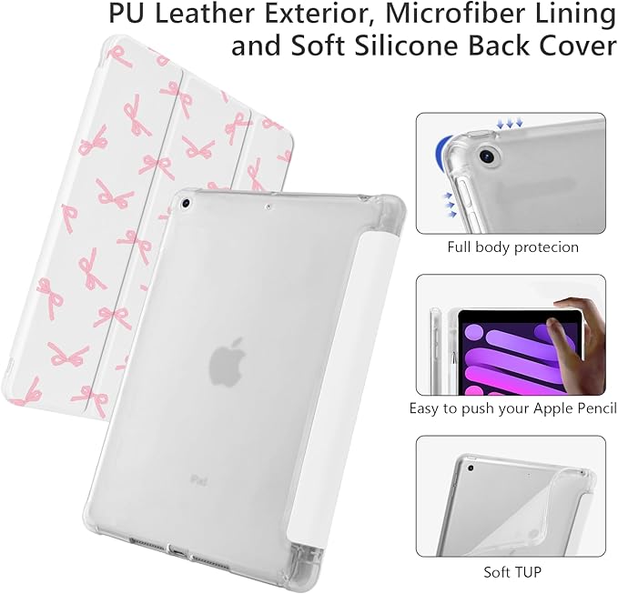 Cute Kawaii Pink Bow for iPad (A16) 11th Generation Case 11 Inch 2025 for iPad 10th Generation Case 10.9 Inch 2022 with Pencil Holder Auto Sleep/Wake Leather Soft TPU Back Cover