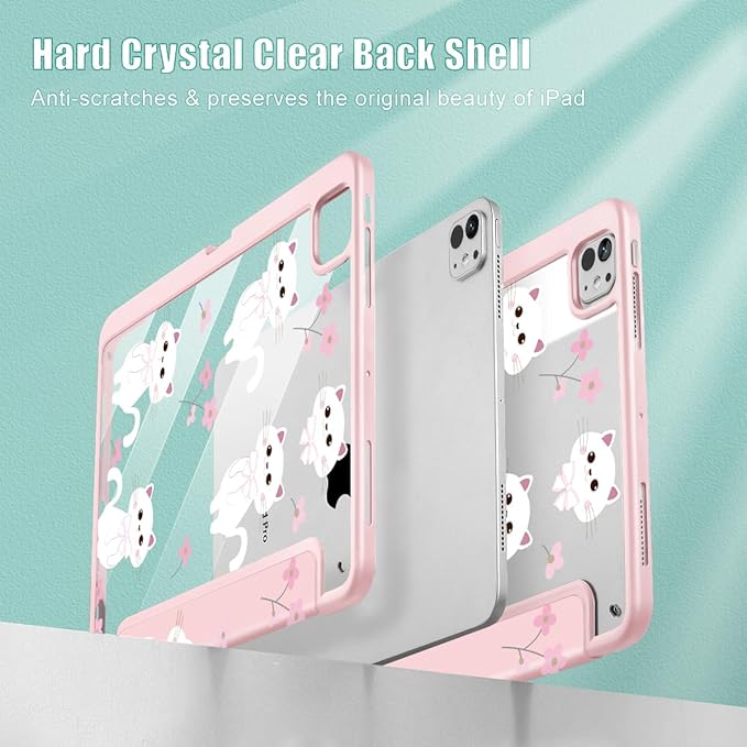 Tuiklol for iPad Pro 11 Inch (M5 2025 / M4 2024) Case Buit-in Pencil Holder with Slim Clear Back Cover Protection Trifold Stand-Auto Wake/Sleep Tablet Case Black Flower Cat-Pink