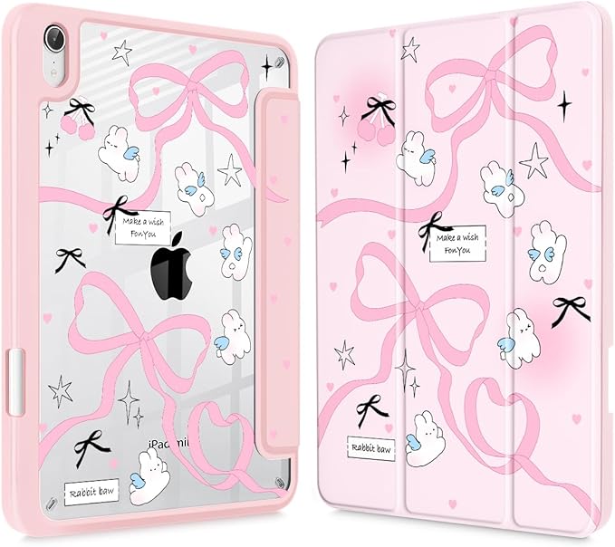 Mektron Printed Case for iPad mini 7 (A17 Pro) 2024/ Mini 6 2021 iPad mini 7th/6th Generation 8.3-inch Liquid Retina Display Cover Buit in Pencil Holder with Clear Back Shell Pink Bows-Rabbits