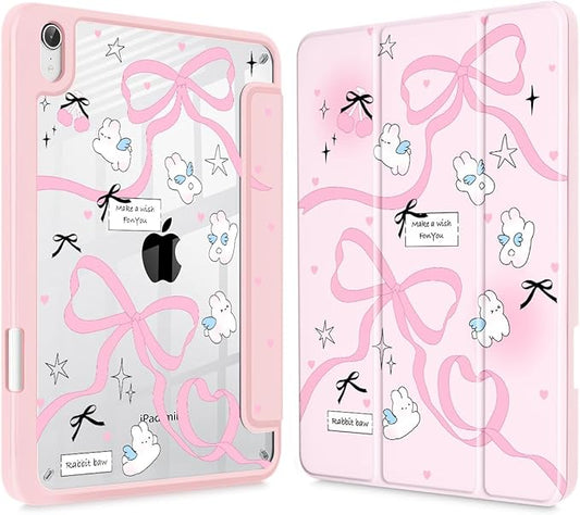 Mektron Printed Case for iPad mini 7 (A17 Pro) 2024/ Mini 6 2021 iPad mini 7th/6th Generation 8.3-inch Liquid Retina Display Cover Buit in Pencil Holder with Clear Back Shell Pink Bows-Rabbits