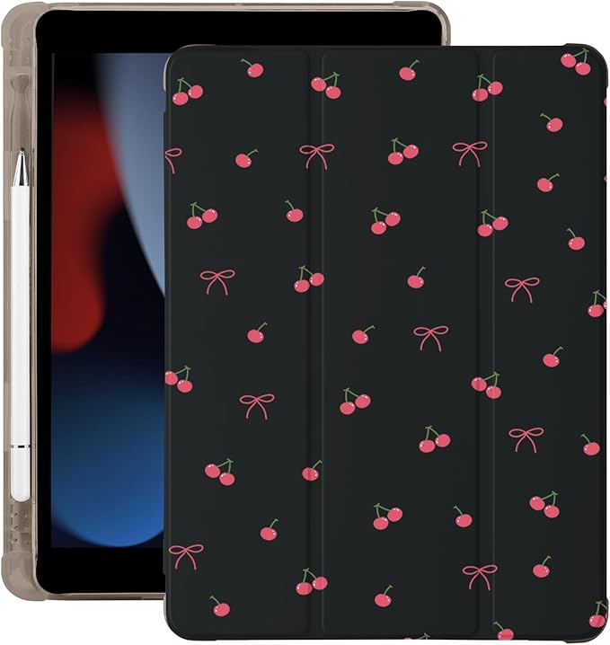 Cute Kawaii Cherry Bow for iPad Air 11 Inch Case 7th/6th Generation (M3/M2) 2025/2024 with Pencil Holder Auto Sleep/Wake Black Leather Soft TPU Back Cover
