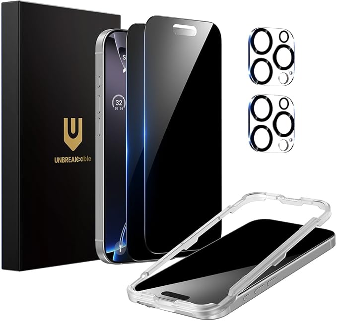 UNBREAKcable Privacy Screen Protector for iPhone 16 Pro (6.3-Inch) 2-Pack + 2 Lens Protectors｜25° Anti-Spy｜9H Hardness｜Anti-Fingerprint｜HD Clarity Tempered Glass
