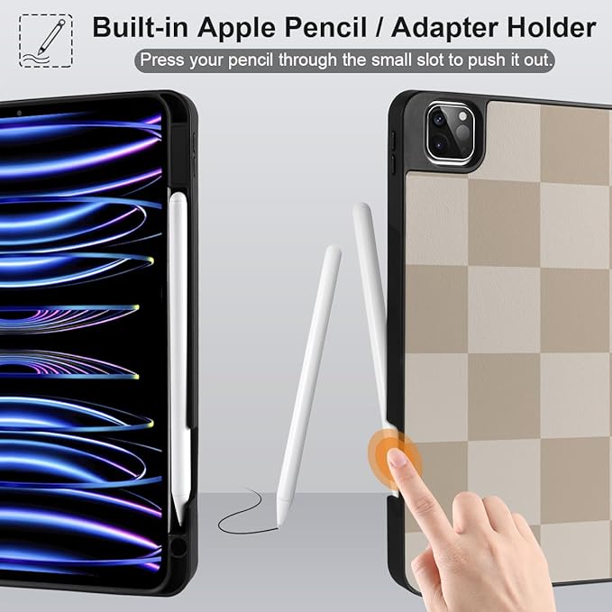 DONGKE Case for 2022/2021/2020/2018 iPad Pro 11 inch Gen 4/3/2/1 - Slim Protective Case - Built in Pencil Holder Support Charging - Trifold Stand &amp Sleep/Wake Cover- Beige Chessboard