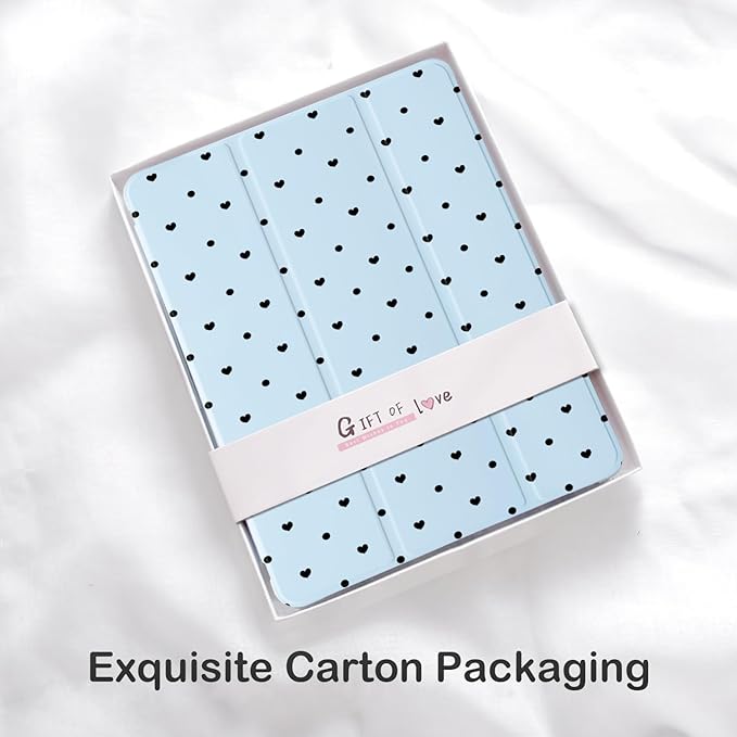 Cute Polka Dot Heart for iPad mini 7 A17 Pro 2024/iPad Mini 6 Case with Pencil Holder Auto Sleep/Wake Blue Leather Soft TPU Back Cover