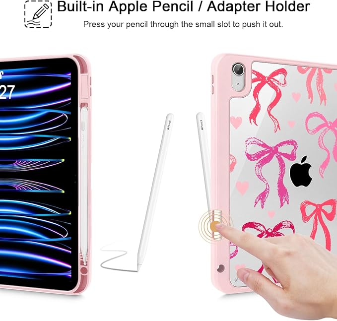 May Chen for iPad Air 11-inch M4/M3/M2 (2026/2025/2024) iPad Air 5th/4th 10.9 Inch - Shockproof Cover with Clear Back Shell &amp Penceil Holder Auto Wake/Sleep Stand Cover Bow Ribbon
