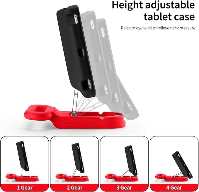 Kids Case for iPad 7th/8th/9th GeniPad 10.2 inch 2021/2020/2019 Case with Adjustable Portrait Landscape Stand HandleHeavy Duty Protective Kids Child Friendly Cover for iPad 10.2 inch. (Black-Red)