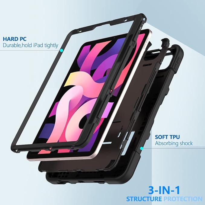Puxicu Case for iPad Air (4th &amp 5th Generation) 10.9 Inch 2020/2022 Heavy Duty Rugged Protective Built-in Pencil Holder Cover for iPad Air5/Air4Black