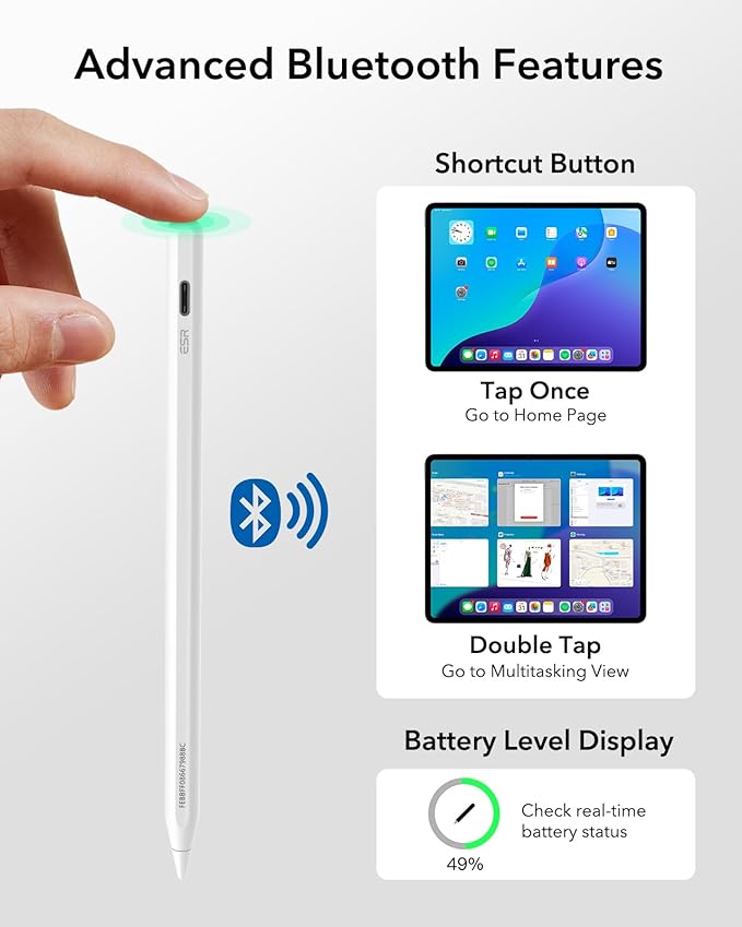 ESR Geo Digital iPad Pencil Findmy Compatible with Apple iPad 2018-2026with Easy Shortcuts for Apple iPad A16/10/9/8 &amp Air 13/11 &amp Pro 12.9/13/11 &amp Mini 7/6/5White(No Wireless Charging)