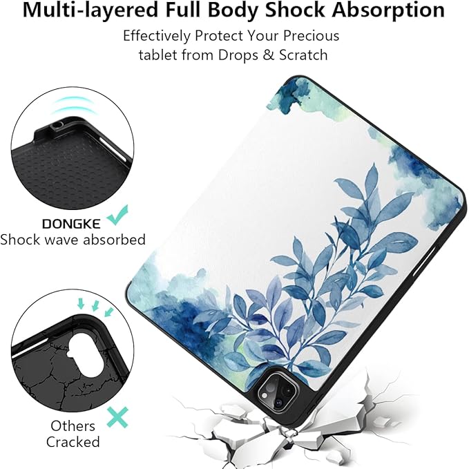 DONGKE Case for 2022/2021/2020/2018 iPad Pro 11 inch Gen 4/3/2/1 - Slim Protective Case - Built in Pencil Holder Support Charging - Trifold Stand &amp Sleep/Wake Cover - Watercolor Blue Floral